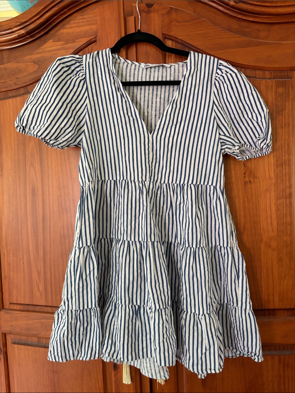 Zara Navy and White Striped Tiered Puff-Sleeve Mini Dress Small